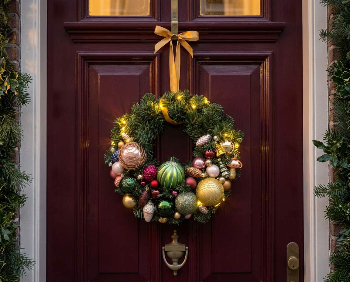 Handgemaakte kerstkrans op een bordeauxrode voordeur